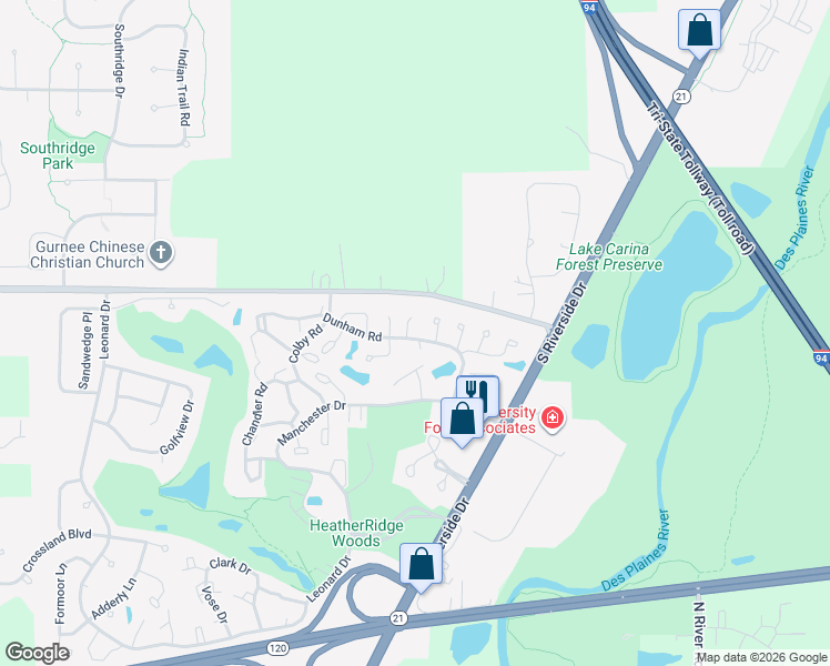 map of restaurants, bars, coffee shops, grocery stores, and more near 638 Williams Court in Gurnee