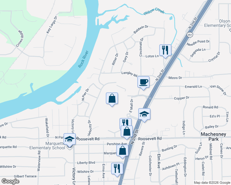 map of restaurants, bars, coffee shops, grocery stores, and more near 8790 North 2nd Street in Machesney Park