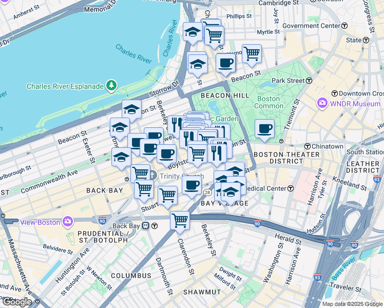 map of restaurants, bars, coffee shops, grocery stores, and more near 399 Boylston Street in Boston