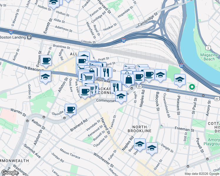 map of restaurants, bars, coffee shops, grocery stores, and more near 66 Brighton Avenue in Boston