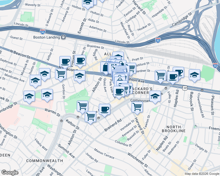 map of restaurants, bars, coffee shops, grocery stores, and more near 47 Park Vale Avenue in Boston