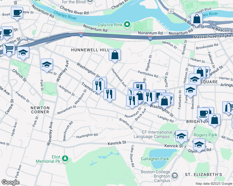 map of restaurants, bars, coffee shops, grocery stores, and more near 697 Washington Street in Boston