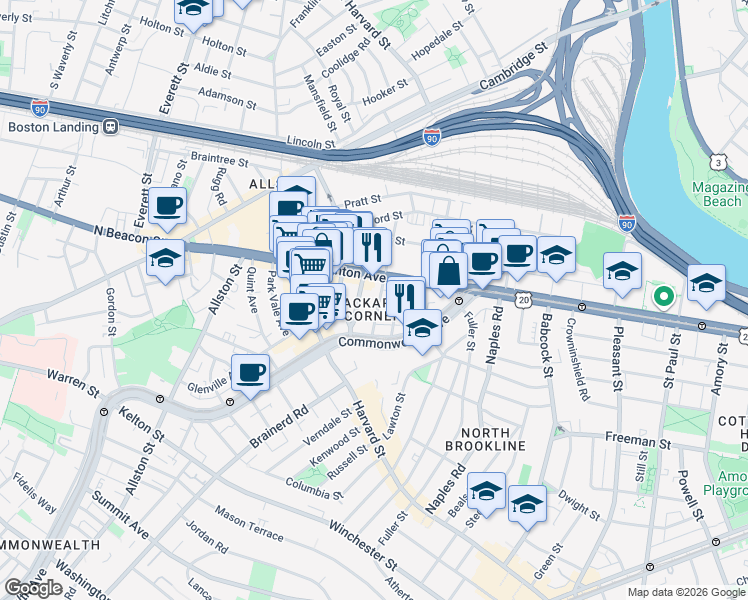 map of restaurants, bars, coffee shops, grocery stores, and more near 66 Brighton Avenue in Boston