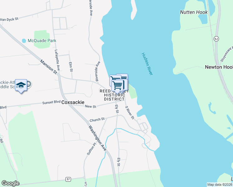 map of restaurants, bars, coffee shops, grocery stores, and more near Betke Boulevard in Coxsackie