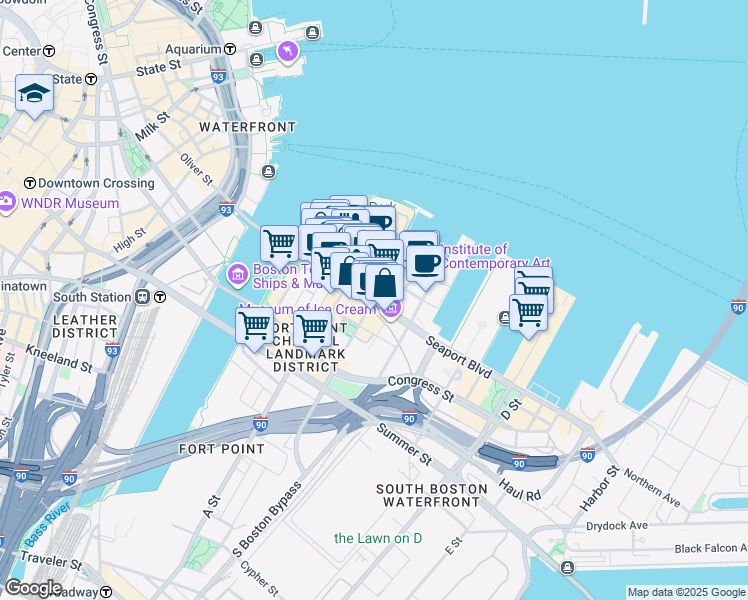 map of restaurants, bars, coffee shops, grocery stores, and more near Seaport Boulevard in Boston