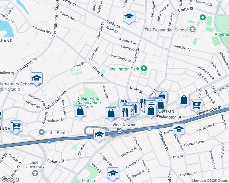 map of restaurants, bars, coffee shops, grocery stores, and more near 21 Elm Street in Newton