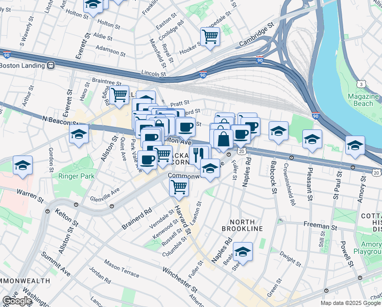 map of restaurants, bars, coffee shops, grocery stores, and more near 66 Brighton Avenue in Boston