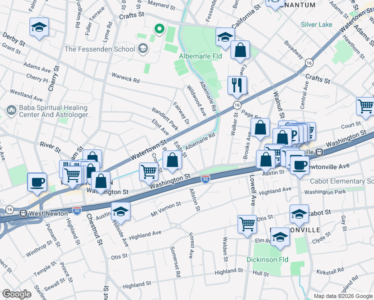map of restaurants, bars, coffee shops, grocery stores, and more near in Newton