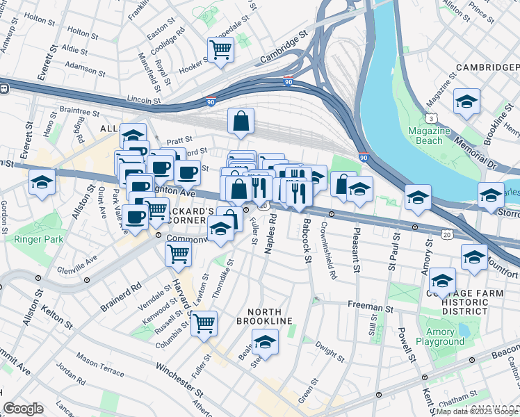 map of restaurants, bars, coffee shops, grocery stores, and more near 1098 Commonwealth Avenue in Boston