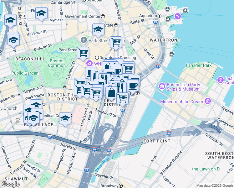 map of restaurants, bars, coffee shops, grocery stores, and more near 89 South Street in Boston