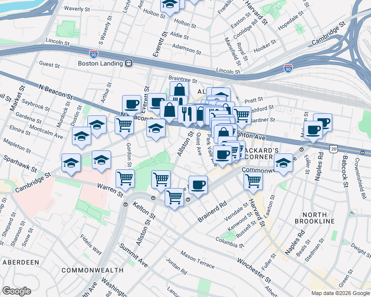 map of restaurants, bars, coffee shops, grocery stores, and more near 21 Quint Avenue in Boston