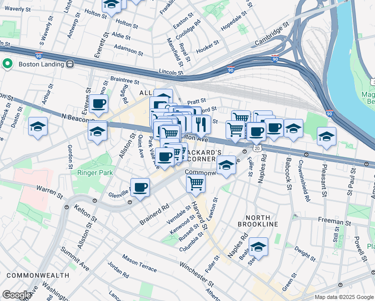 map of restaurants, bars, coffee shops, grocery stores, and more near 100 U.S. 20 in Boston
