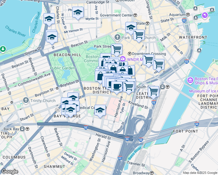 map of restaurants, bars, coffee shops, grocery stores, and more near 665 Washington Street in Boston