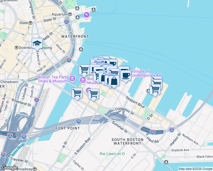 map of restaurants, bars, coffee shops, grocery stores, and more near 85 Seaport Boulevard in Boston