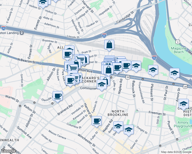 map of restaurants, bars, coffee shops, grocery stores, and more near 14 Fordham Road in Boston