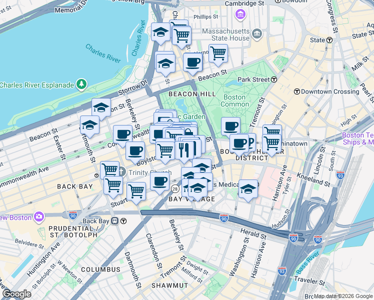 map of restaurants, bars, coffee shops, grocery stores, and more near 217 Boylston Street in Boston