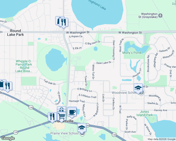 map of restaurants, bars, coffee shops, grocery stores, and more near 429 North Tower Drive in Hainesville