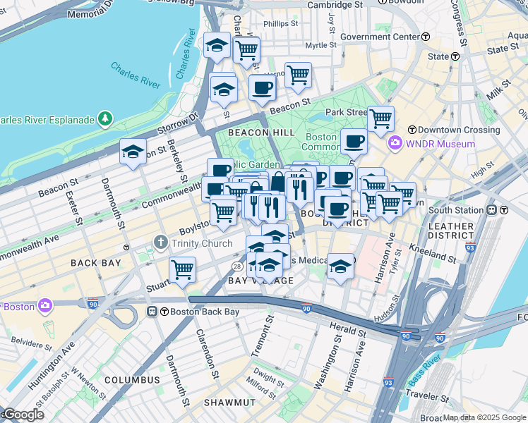 map of restaurants, bars, coffee shops, grocery stores, and more near 95 Boylston Street in Boston