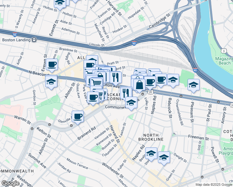 map of restaurants, bars, coffee shops, grocery stores, and more near 66 Brighton Avenue in Boston