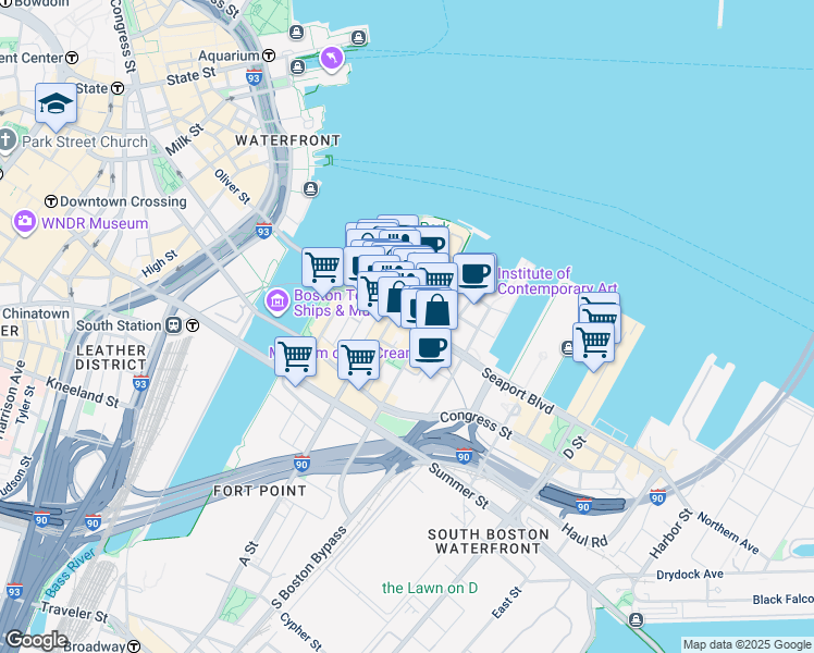 map of restaurants, bars, coffee shops, grocery stores, and more near 85 Seaport Boulevard in Boston