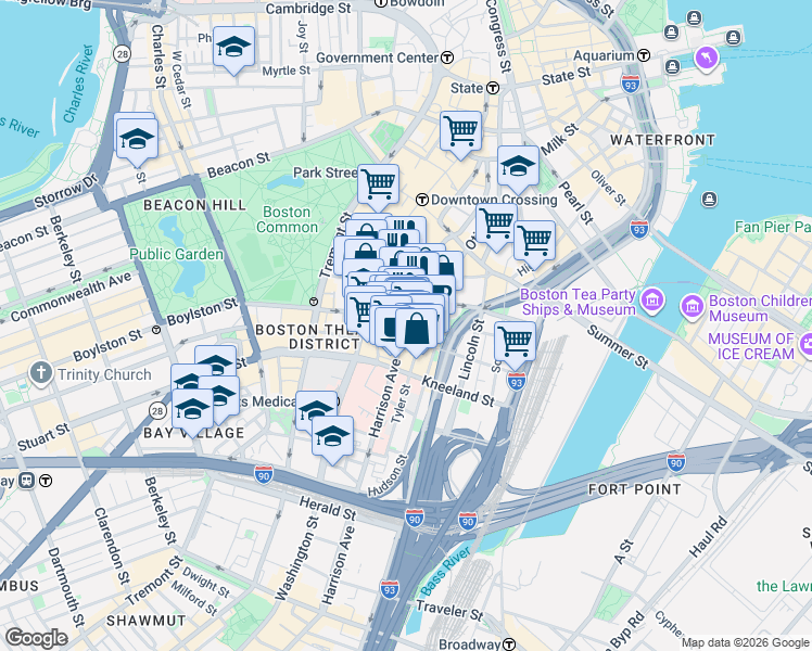 map of restaurants, bars, coffee shops, grocery stores, and more near 8 Harrison Avenue in Boston