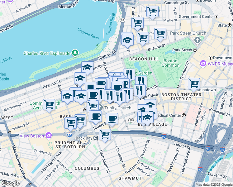 map of restaurants, bars, coffee shops, grocery stores, and more near 35 Newbury Street in Boston