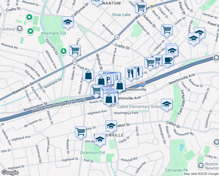 map of restaurants, bars, coffee shops, grocery stores, and more near in Newton