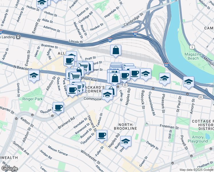 map of restaurants, bars, coffee shops, grocery stores, and more near 39 Brighton Avenue in Boston