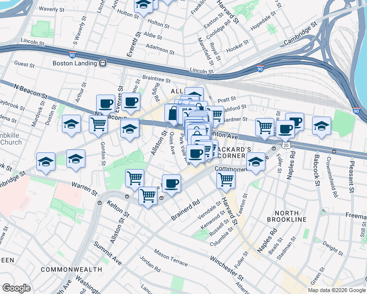 map of restaurants, bars, coffee shops, grocery stores, and more near 47 Park Vale Avenue in Boston