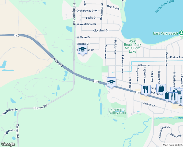 map of restaurants, bars, coffee shops, grocery stores, and more near Willow Lane in McHenry