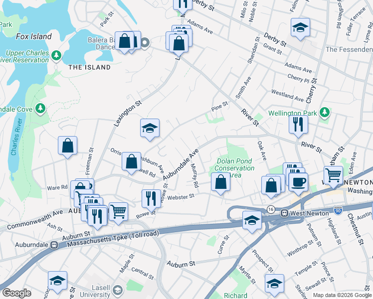 map of restaurants, bars, coffee shops, grocery stores, and more near 25 Kenyon Street in Newton