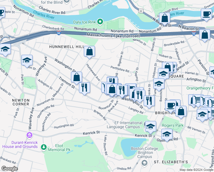 map of restaurants, bars, coffee shops, grocery stores, and more near 12 Hunnewell Avenue in Boston