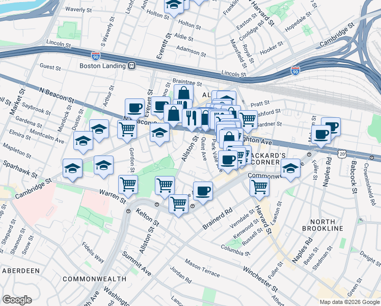map of restaurants, bars, coffee shops, grocery stores, and more near 21 Quint Avenue in Boston