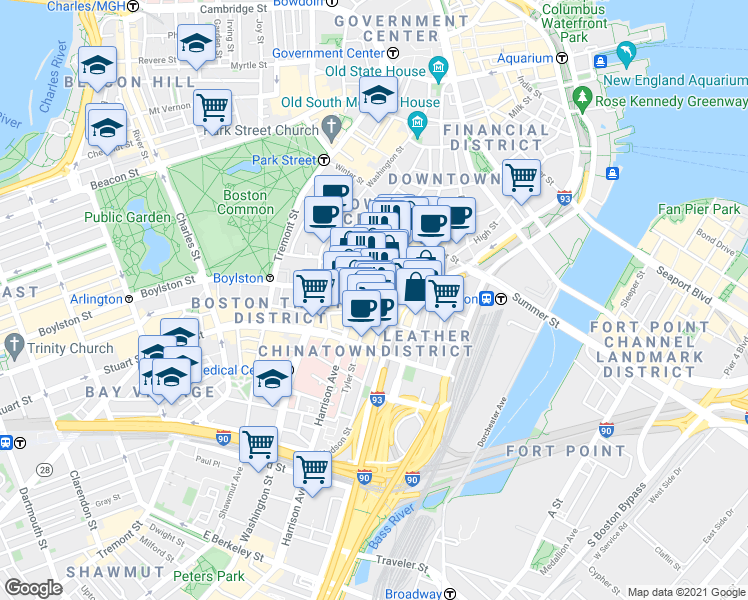 map of restaurants, bars, coffee shops, grocery stores, and more near 18-20 Oxford Street in Boston