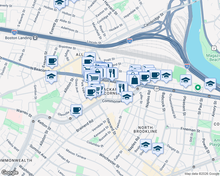 map of restaurants, bars, coffee shops, grocery stores, and more near 12 Reedsdale Street in Allston