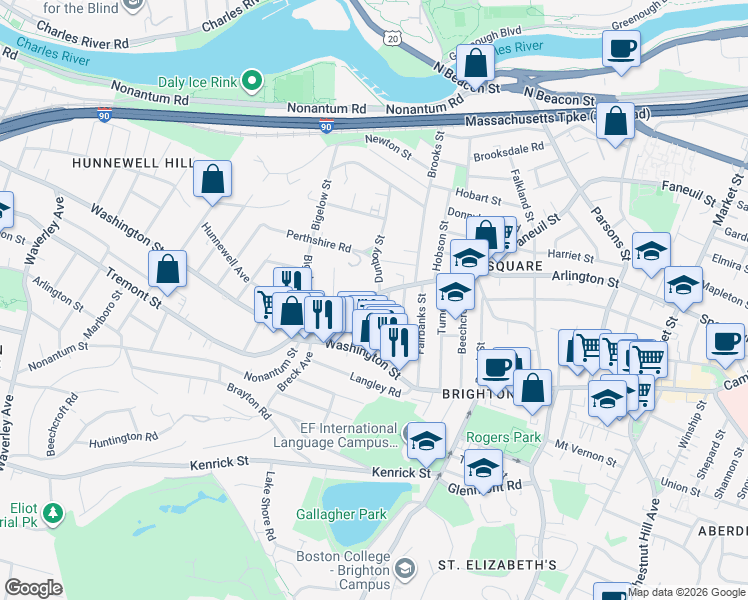 map of restaurants, bars, coffee shops, grocery stores, and more near 53 Brackett Street in Boston