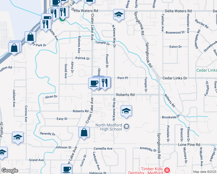 map of restaurants, bars, coffee shops, grocery stores, and more near 2405 North Keeneway Drive in Medford