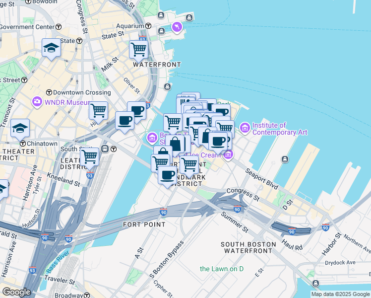 map of restaurants, bars, coffee shops, grocery stores, and more near 28-36 Sleeper Street in Boston
