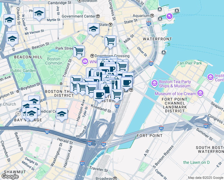 map of restaurants, bars, coffee shops, grocery stores, and more near 23 Lincoln Street in Boston