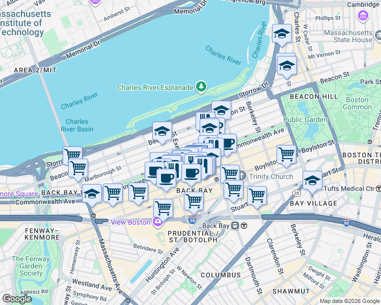 map of restaurants, bars, coffee shops, grocery stores, and more near 193 Marlborough Street in Boston