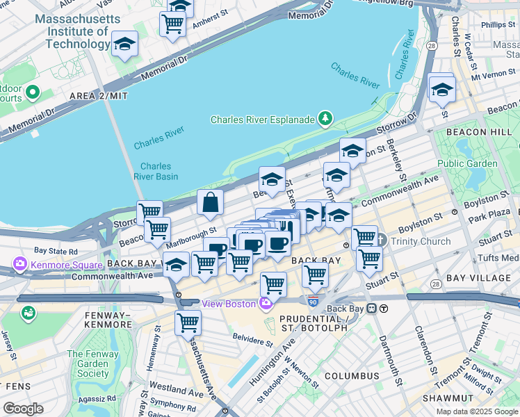 map of restaurants, bars, coffee shops, grocery stores, and more near 10 Fairfield Street in Boston