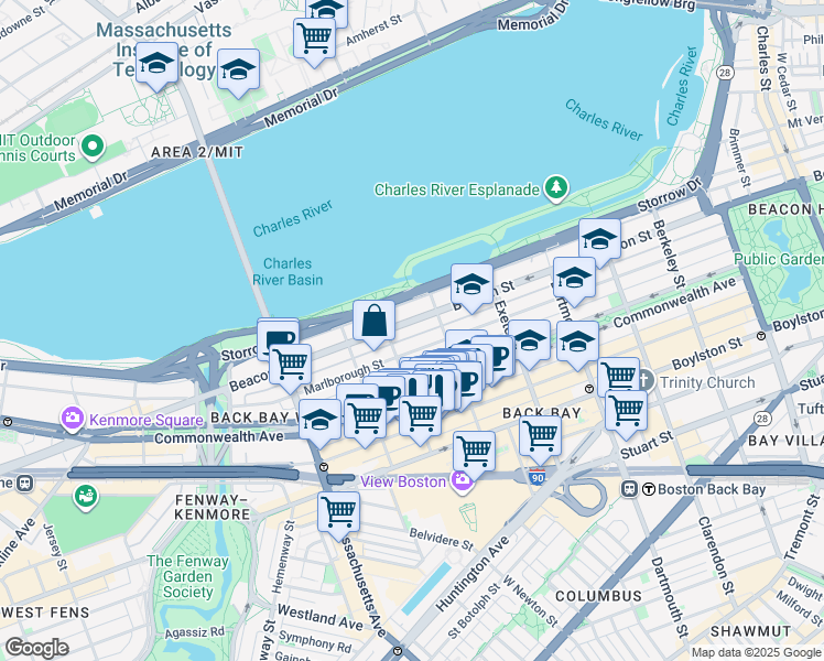 map of restaurants, bars, coffee shops, grocery stores, and more near 370 Beacon Street in Boston