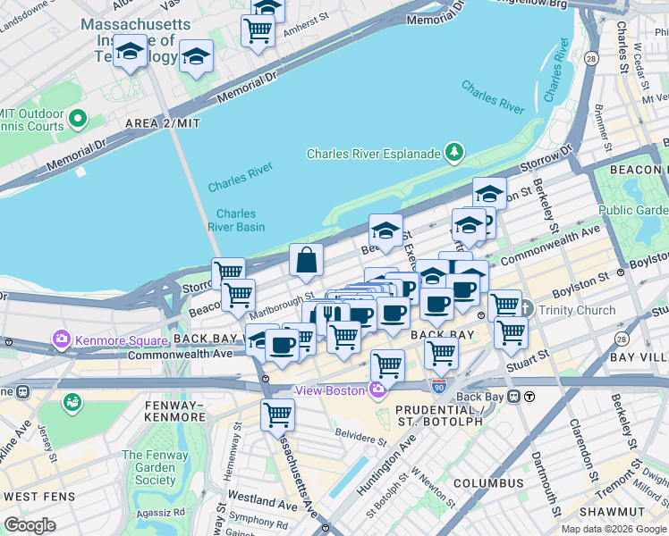 map of restaurants, bars, coffee shops, grocery stores, and more near 370 Beacon Street in Boston
