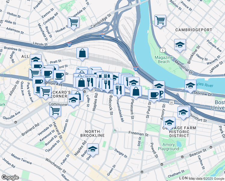 map of restaurants, bars, coffee shops, grocery stores, and more near in Boston
