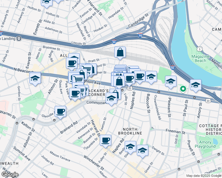 map of restaurants, bars, coffee shops, grocery stores, and more near 39 Brighton Avenue in Boston