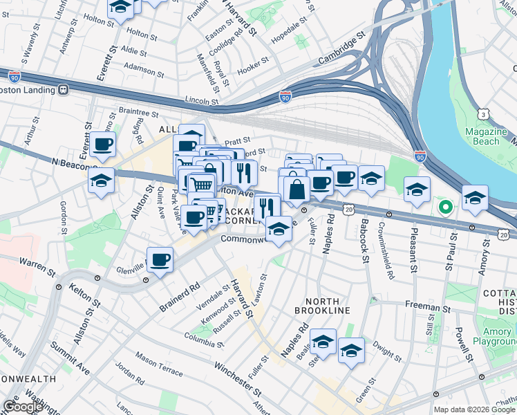 map of restaurants, bars, coffee shops, grocery stores, and more near 66 Brighton Avenue in Boston