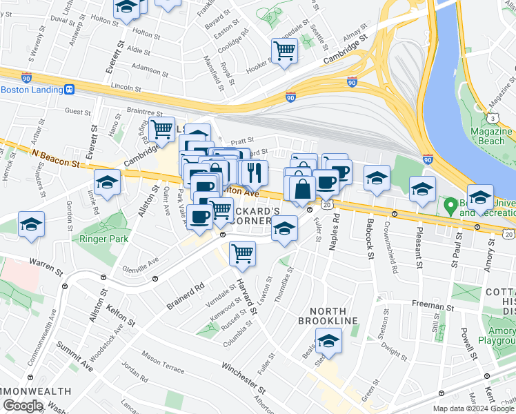 map of restaurants, bars, coffee shops, grocery stores, and more near 66 Brighton Avenue in Boston
