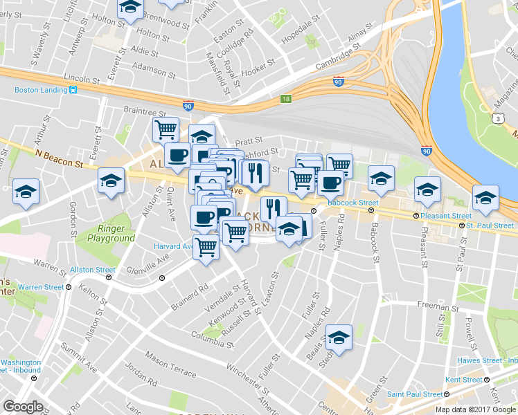 map of restaurants, bars, coffee shops, grocery stores, and more near 66 Brighton Avenue in Boston