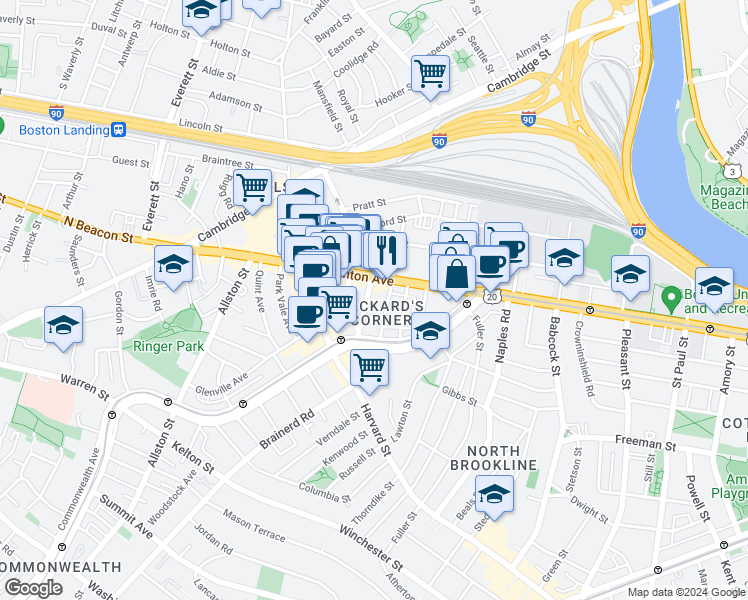 map of restaurants, bars, coffee shops, grocery stores, and more near 66 Brighton Avenue in Boston