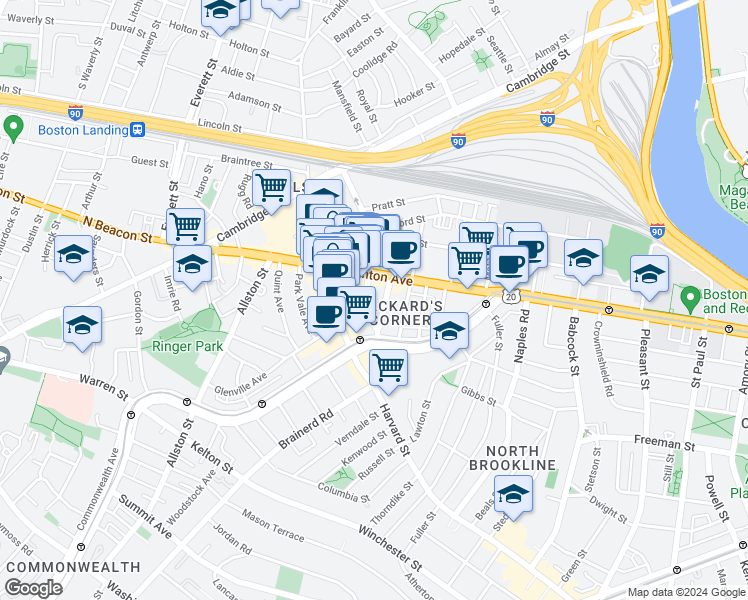 map of restaurants, bars, coffee shops, grocery stores, and more near 100 U.S. 20 in Boston